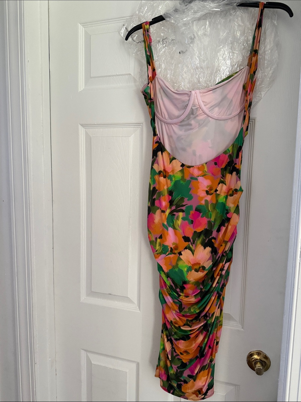 naked wardrobe Floral Ruched Midi Dress in Pink, Green & Orange - Picture 8 of 9